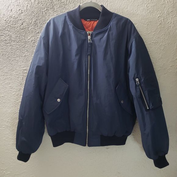 Zara Jackets & Blazers - EUC Zara Padded Bomber Jacket Puffer Coat Womens L Navy Blue Quilted Lining Zip